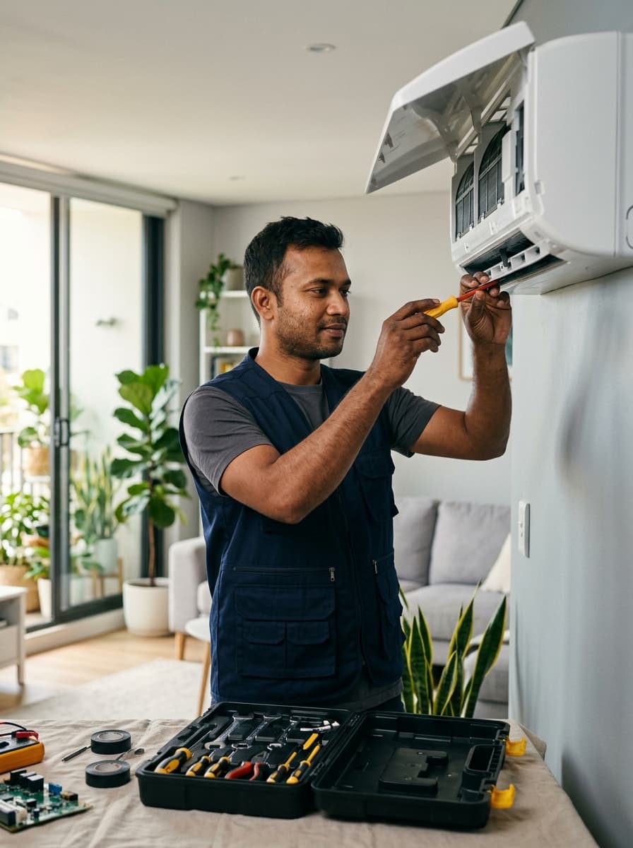 Verified AC technician servicing a unit in Dhaka